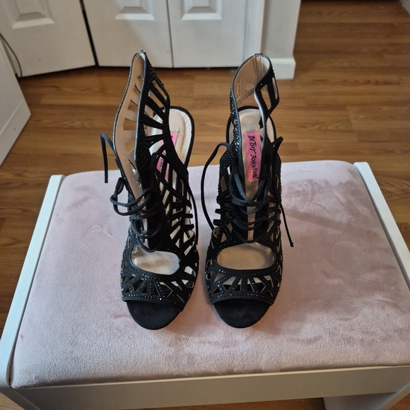 BETSEY JOHNSON Lexxe Lace Up Rhinestone Cage Heels - Picture 1 of 6
